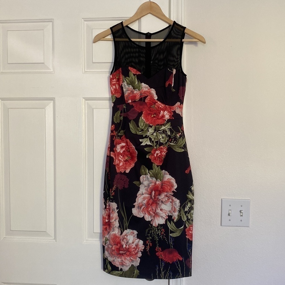 Karen Millen Black Midi Dress with Red & Pink Floral Print